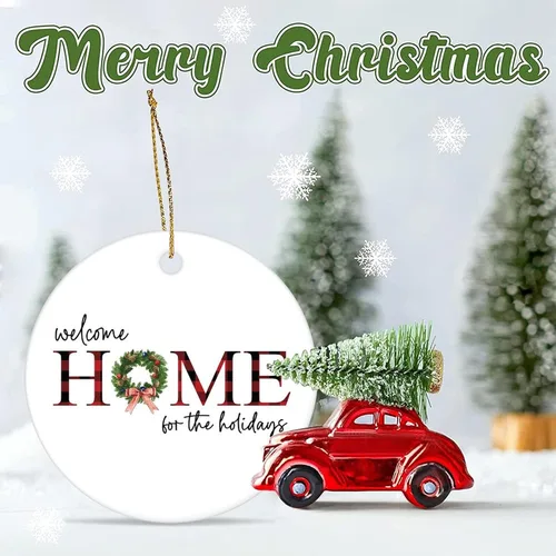Vista 6 de Adorno de Navidad de cerámica de 3 pulgadas, recuerdo de bienvenida a casa para las vacaciones, divertido colgante de porcelana impresa de dos caras