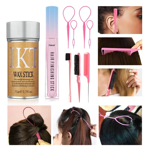 Vista 7 de FUNAN Juego de 9 palos de acabado de cabello con barra de acabado de cabello, barra de cera para el cabello, herramientas para la cola del cabello
