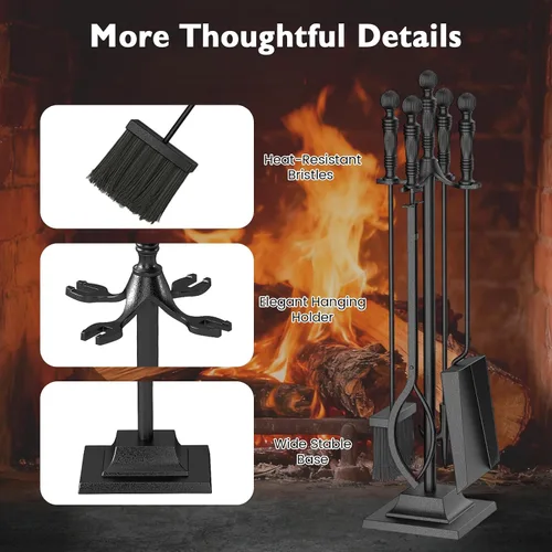 Vista 8 de IRONMAX Juego de herramientas para chimenea de 5 piezas, herramientas de hierro de 26 pulgadas con soporte, póquer, pinzas, cepillo y pala