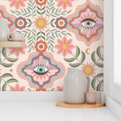 Vista 8 de Despegar y pegar muestra de papel tapiz – Boho Floral Retro Eyes Adolescente Femenino Adolescente Femenino Flores Bohemio Femenino Niños Sol