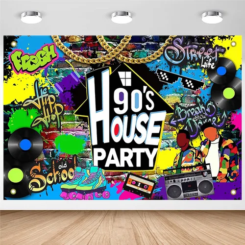 Vista 9 de Avezano Telón de Fondo para Fiesta de los 90 en Casa con Graffiti de Hip Hop, Decoraciones Temáticas de los 90 para Fiesta en Casa, Radio Retro
