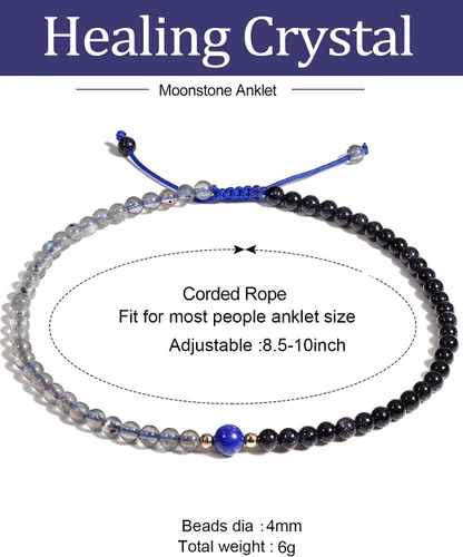 Vista 3 de Jewever Pulsera tobillera de piedra lunar con piedra arenisca azul para mujer, cristales curativos de energía, pulsera para mujer, gema de yoga