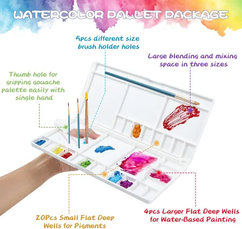 Vista 2 de Junreox Paleta de acuarela, paleta de acuarela grande con 24 pozos y 5 áreas de mezcla, paleta de pintura premium con tapa, bandeja de pintura