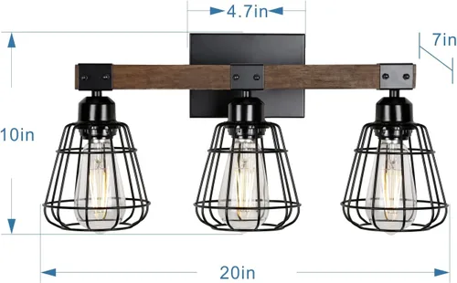 Vista 4 de Lámpara de tocador rústica de 3 luces de jaula negra rústica para baño