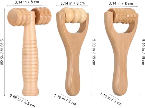 Vista 4 de Herramienta de rodillo de masaje de madera, paquete de 3 masajeadores de mano para cuerpo y pies para terapia de reflexología y relajación muscular