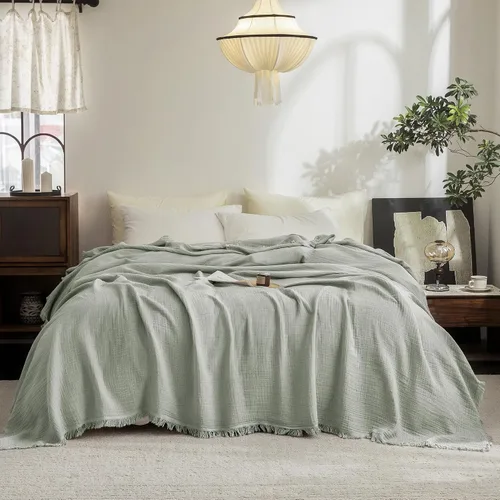 Vista 37 de FOSSA Manta de Muselina con Flecos - Gasa de Algodón 100% de 4 Capas Súper Suave y Transpirable - Manta Decorativa Ligera y Refrescante para Cama