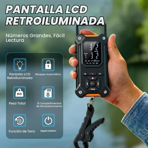 Vista 5 de Báscula digital de pesca de 8 ranuras con pinza de labios y memoria de Negro