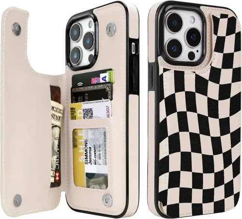 Vista 43 de uCOLOR - Funda tipo cartera para iPhone 15 con tarjetero y diseño de lunares con leche de almendra Bloqueo RFID de piel sintética para mujeres