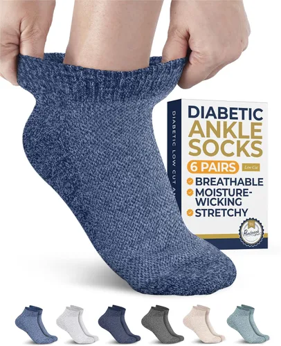 Vista 15 de Pembrook Calcetines de tobillo para diabéticos para mujeres y hombres - 6 pares Calcetines de corte bajo para neuropatía para mujeres Costuras