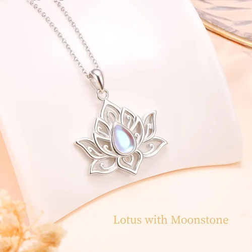 Vista 5 de FLYOW Collar de loto para mujer, plata de ley 925, piedra lunaturquesa, colgante de loto para niñas, aliviar la ansiedad y el estrés, regalos