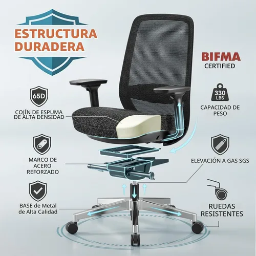 Vista 9 de ErgoSift M2 - Silla ergonómica de oficina – Silla de escritorio de malla con respaldo alto con soporte lumbar ajustable, reposabrazos 4D para largas