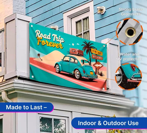 Vista 3 de Auto retro de 3 x 5 pies con cuatro ojales de latón – Cartel de viaje por carretera para decoración de pared – Bandera de carreras de poliéster