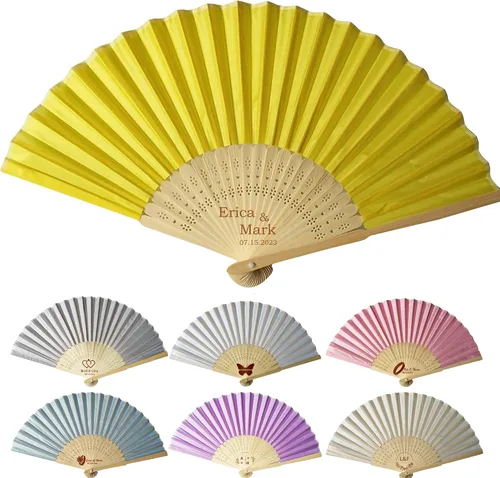 Vista 11 de Abanicos de mano personalizados a granel ventiladores de seda personalizados con grabado en el mango, regalos de fiesta, abanicos plegables vienen
