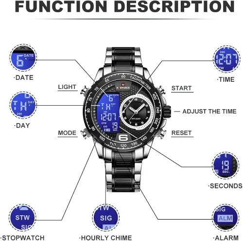 Vista 4 de NAVIFORCE Reloj para hombre reloj de cuarzo digital de doble pantalla multifuncional de acero inoxidable