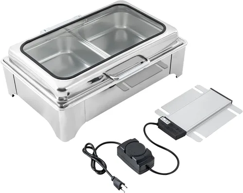 Vista 3 de Plato eléctrico de chef con tapa enrollable, calentadores de bufé de acero inoxidable con temperatura ajustable, calentador de alimentos comercial