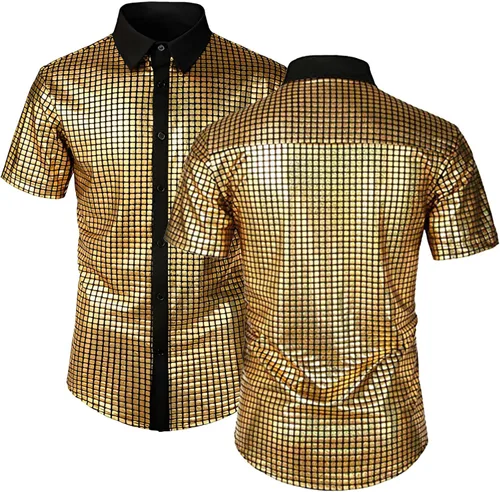 Vista 2 de DreamJ Conjuntos de discoteca de los años 70 para hombre, conjunto de camisa de lentejuelas metálicas, disfraz brillante de discoteca con peluca