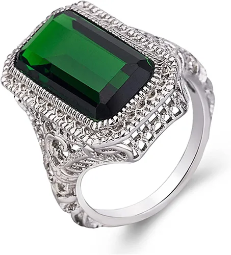 Vista 11 de ChenFeng Anillo de plata 925 hecho a mano con corte baguette con piedra esmeralda verde simulada para hombre y mujer (9)