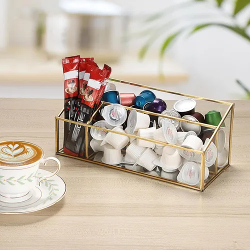 Vista 6 de Hipiwe Organizador de maquillaje para encimera, vitrina de cosméticos de vidrio dorado, soporte de almacenamiento de tocador de 3 ranuras