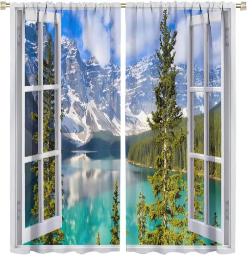 Vista 34 de Cortinas de paisaje, ventana tropical con vista al mar, océano, playa, barco, cortinas con estampado de palmeras para dormitorio, sala de estar, Mar