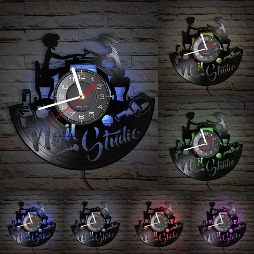 Vista 2 de Reloj de pared de disco de vinilo LED de 12 pulgadas con 7 modos luminosos para estudio de uñas, decoración de pared con tecnología de uñas