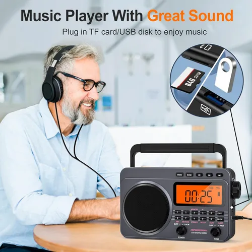 Vista 6 de Radio portátil con la mejor recepción, radio digital recargable de 4000 mAh AM FM portátil con tarjeta SD/reproducción USB, sintonizador digital