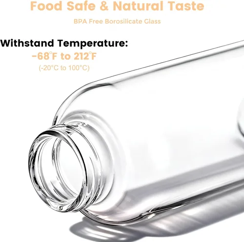 Vista 3 de Mrsdry Botellas de jugo de vidrio con tapas y fundas de silicona de 18 onzas, paquete de 4 botellas de agua reutilizables de vidrio transparente