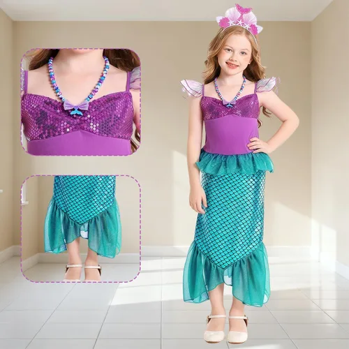 Vista 6 de ALIZIWAY Disfraz de sirena para niñas, Ariel, princesa, cumpleaños, Halloween, cosplay, con accesorios para peluca