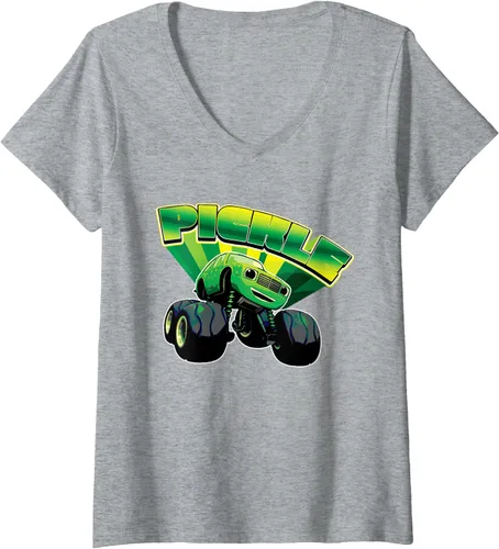 Vista 4 de Blaze and the Monster Machines Pickle Badge - Camiseta con cuello en V para mujer, Negro