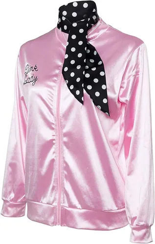 Vista 2 de Chaqueta rosa de los años 50, disfraz de Halloween para mujer, chaqueta de satén, cosplay, accesorios de vestir para adultos, con bufanda
