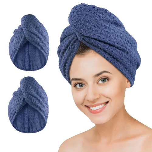 Vista 8 de Dolwis Toalla de secado de pelo de microfibra, 2 paquetes de turbante de pelo largo tipo waffle, paño de rizo de secado rápido, absorbente y Gris