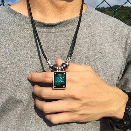 Vista 4 de Juego de 2 pulseras y collar del zodiaco para hombres, joyería de signo del zodiaco, constelaciones de cuero, pulsera del zodiaco para hombres