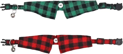 Vista 2 de Juego de 2 collares navideños para gatos con bonito pajarita y campana a cuadros Negro rojo+verde