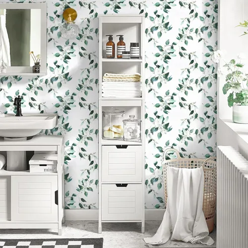 Vista 2 de Erfoni Papel Tapiz Verde y Blanco Despegar y Pegar Papel Tapiz de Contacto Floral para Dormitorio 17.7 pulgadas x 78.7 pulgadas Papel Tapiz