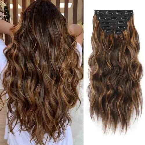 Vista 38 de Extensiones de cabello con clip de Vigorous de 20 pulgadas, con reflejos rubio playa, extensiones de cabello ondulado largo y suave de cabello