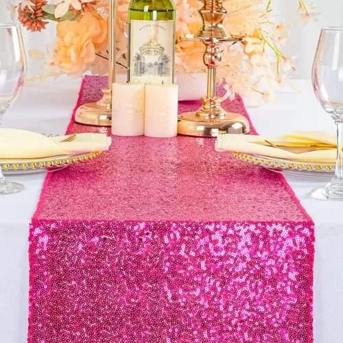 Vista 24 de ShinyBeauty Camino de mesa de lentejuelas rosa intenso, 12 x 72 pulgadas, elegante camino de mesa para eventos de boda personalizado