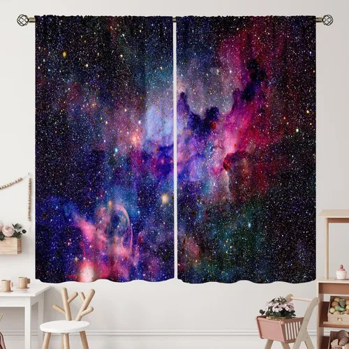 Vista 17 de Cortinas de planeta galaxia, espacio exterior, universo, nebulosa, estrellas, cielo estrellado, con bolsillo para cortinero, para sala de estar