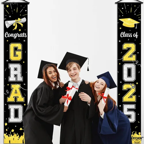 Vista 7 de KatchOn, Pancarta grande de graduación negro y dorado 2025 – 72 x 12 pulgadas Cartel de felicitación de graduación 2025 para decoraciones