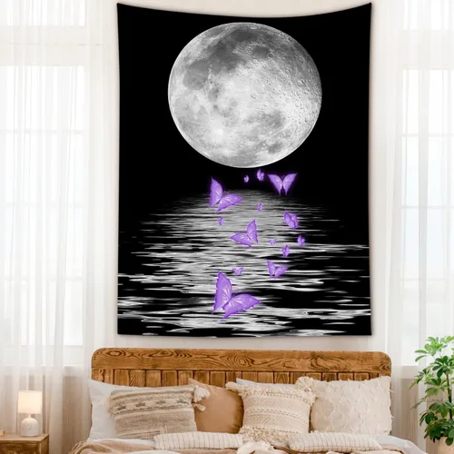 Vista 26 de LB Tapiz pequeño de luna llena sobre océano, tapiz de pared de cielo nocturno estrellado, fantasía 3D, arte de pared de luna grande en blanco