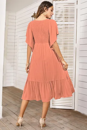 Vista 3 de PYGFEMR - Vestido de verano con cintura imperio y pliegues para mujer, llega debajo de la rodilla, manga corta con volantes y cuello en V