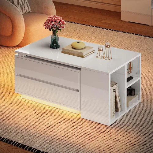 Vista 9 de Mesas de centro LED modernas YITAHOME para sala de estar Wood Center Table with 2 Storage Drawers, Open Shelves, High Gloss Finish, LED Lighting