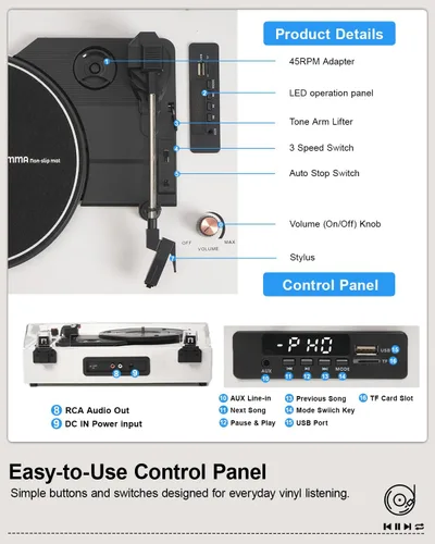 Vista 8 de Tocadiscos de vinilo Bluetooth, reproductor de vinilo retro de 3 velocidades con altavoces integrados, entrada AUX, parada automática, grabación