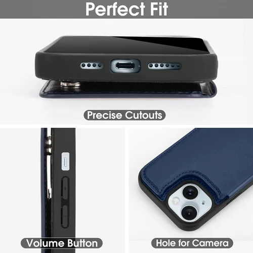 Vista 4 de Arae Funda para iPhone 15 [6.1 pulgadas] - Funda tipo cartera con bolsillos para tarjetas de piel sintética con tapa trasera para iPhone 15 de 6.1
