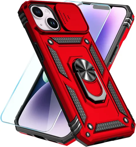 Vista 3 de SunStory Funda compatible con iPhone 14 Plus con protector de pantalla HD, cubierta de cámara deslizante y soporte de anillo giratorio