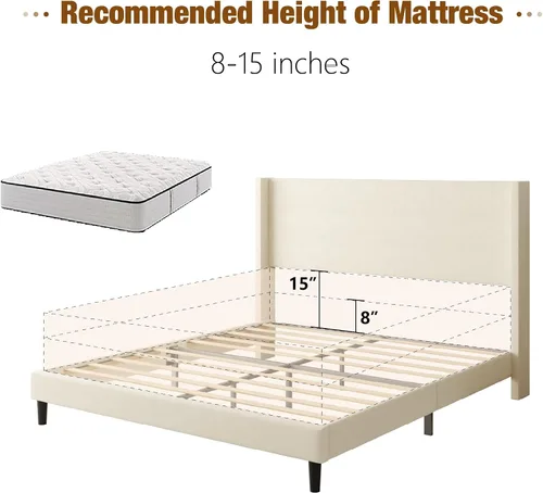 Vista 9 de Sismplly Base de cama matrimonial con cabecera con respaldo de ala, cama de plataforma tapizada de terciopelo, listones de madera fuertes, Beige