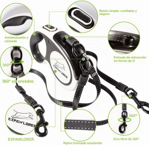 Vista 2 de EXPAWLORER Correa retráctil doble para perro, correa extensible con cerradura de doble cabeza, cinta de nailon reflectante de 16 pies, 360 sin