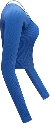 Vista 7 de Dokotoo Camiseta sin mangas para mujer, 2 piezas, acanalada, sin costuras, cuello cuadrado, manga larga, cuello halter, ajustada, camiseta de yoga