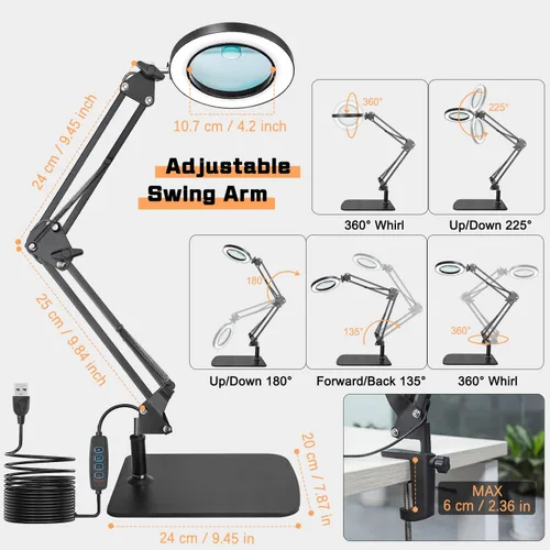 Vista 2 de Lupa con abrazadera de luz y base, lámpara de aumento de 15 x 10 X para escritorio, 72 lupas de lente de vidrio LED, 3 modos de color regulable