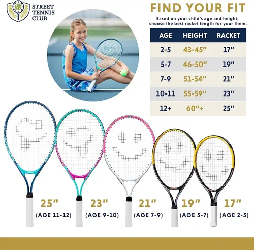 Vista 6 de Raqueta de tenis para niños con videos de entrenamiento – Raqueta de tenis juvenil de aluminio con mango de neopreno para niños de 5 a 12 años