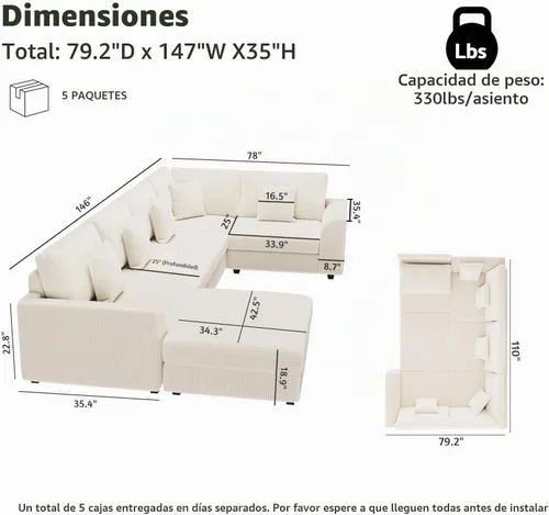 Vista 2 de Sofá modular seccional, sofá en forma de U de 6 piezas con otomana de almacenamiento