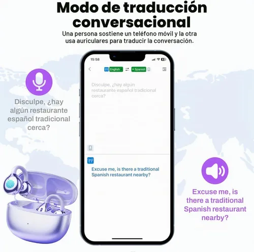 Vista 4 de Auriculares de traducción AI en tiempo real, 144 idiomas, traductor de idiomas inalámbricos en línea, dispositivo de traducción 3 en 1 con Violeta